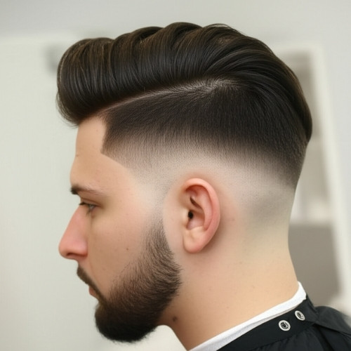 Brushed Forward and Swept with Low Taper Fade