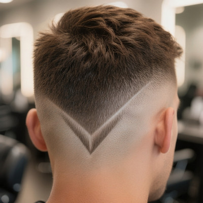 Burst Fade with V-Shaped Design Etched Patterns and Creative Fades for Personalized, Standout Haircuts