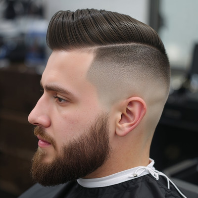 High Volume Brush Back with Mid Skin Fade and Beard