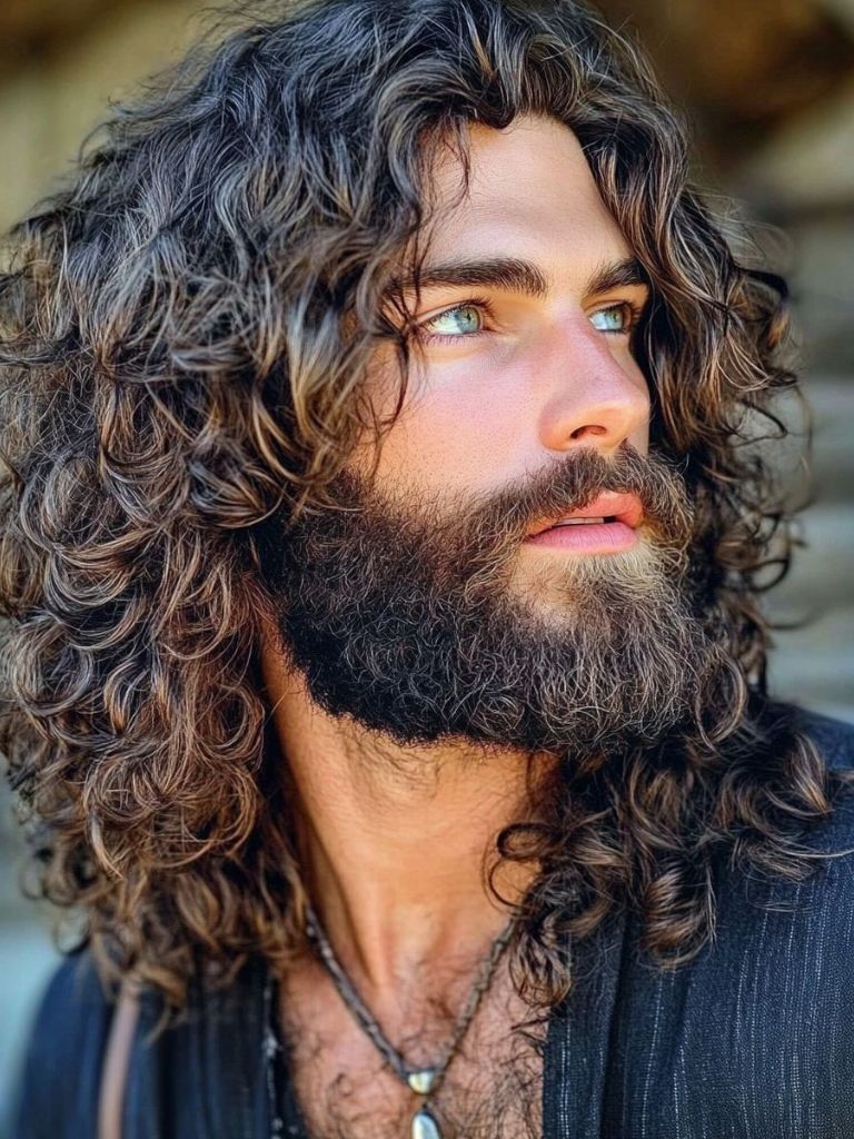 Long Messy Curls with Beard