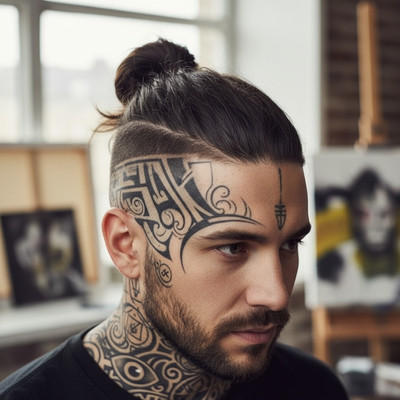 Man Bun with Undercut Fade and Artist Design – Top Knot Reveals Hidden Tattoos