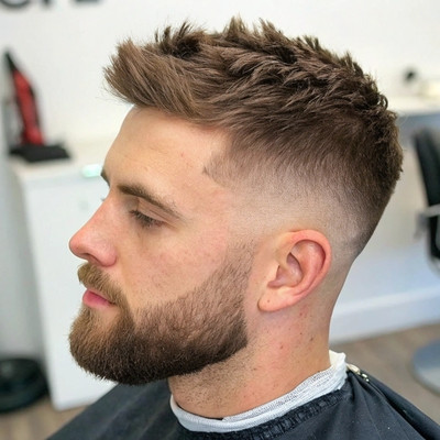 Textured Ivy League Taper Fade with Stubble Beard