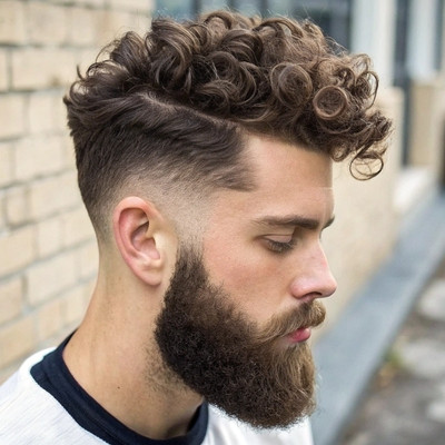 Textured Pompadour with Low Skin Fade and Heavy Stubble Beard