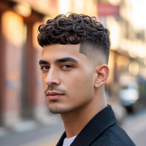 Thick Curly Fringe with Taper Fade