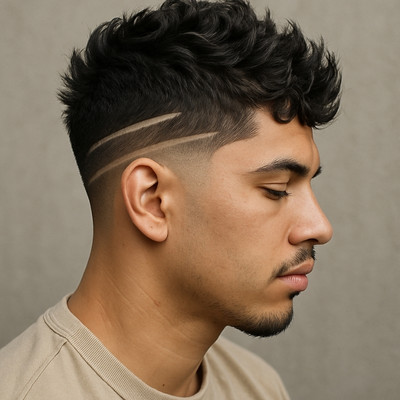 Wavy Spiky Fade with Thick Shaved Stripes – Texture Layers Over Geometry
